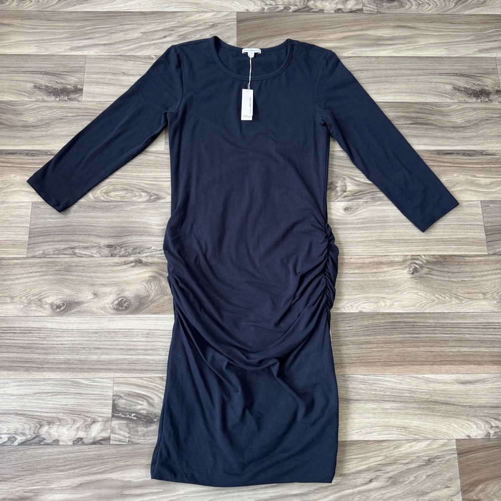 NWT Standard James Perse Ruched Long Sleeve Midi Dress in Navy Blue Size 3